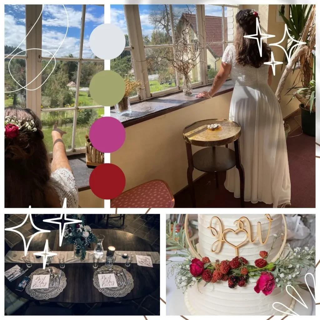 Bilder einer Hochzeit in den Frarben rot, rosa, grün und Weiß